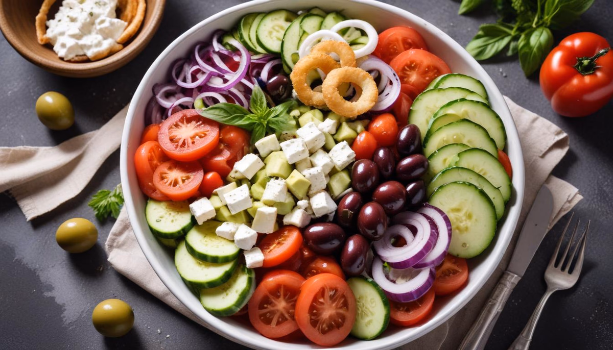 Mediterranean Greek Salad with Oregano Lemon Dressing and Feta